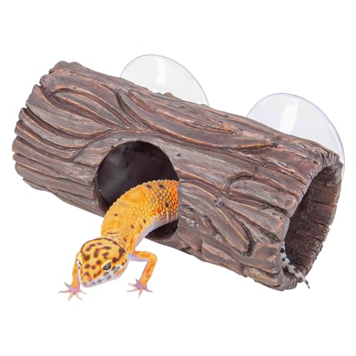 Reptile Hide, Resin Hollow Log Hideout with 2pcs Powerful Suction Cup, Reptile Tank Accessories Climbing Toys Terrarium Hideaway Caves Decor for Gecko, Lizard, Snakes, Hermit Crabs, Forgs