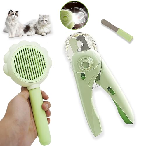 Self Cleaning Cat Brush for Shedding, LED Light Nail Clipper and Nail File | Slicker Brushes and Nail Trimmer for Long Haired Cats, Grooming Kit, Cat Lover Gifts - color: Green