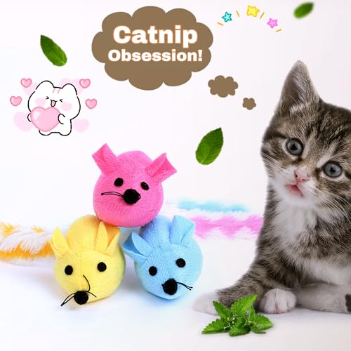 Cat Toy, 3 Pack Plush Catnip Cat Mouse Toy with Colorful Long Dangling Tails, Interactive Cat Toy 2.36” Soft Furry Mice Kitten Toy for Bored Indoor Adult Cat Chew Biting Carry Fun Play