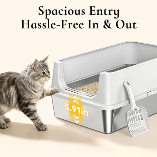 XL Open Top Stainless Steel Litter Box with High Sides, Gray | Extra Large Metal Cat Litter Pan , XL Litter Box, Non-Stick Easy Clean Anti-Leak Kitty Litter Pan, Odor Control, Open Top - color: Gray