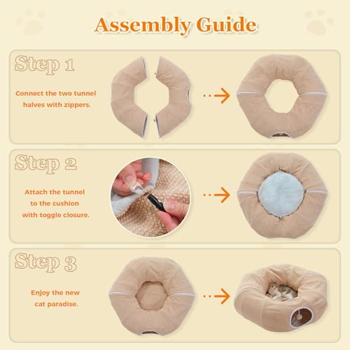 PEQULTI Cat Donut Tunnel with Bed for Indoor Cats, Cat Play Tunnel with Washable Soft Plush Mat, Round Tube Toys Cute Tube for Kittens, Puppies, Rabbits and Ferrets, Beige - color: New Beige