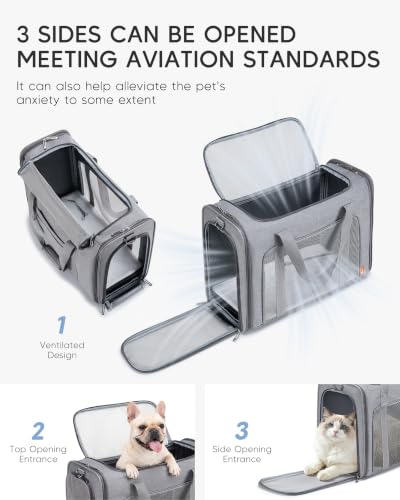 55x40x23 cm Soft-Sided Pet Carrier Bag Large Cat Small Dog Carriers | Up To 26lbs For Medium Cats Dogs Puppies Collapsible Travel Puppy Carrier with Foldable Bowls ,Grey - color: Grey