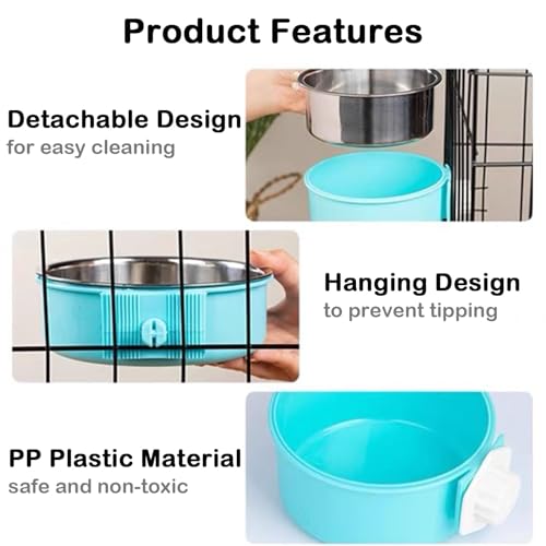 Stainless Steel Removable Pet Food Bowl, 2 Pcs Crate Dog Bowls | Anti-overturn Hanging Food Water Feeder Easy Install and Clean Pet Kennel Cage Bowl for Small Dog Cat Rabbit Guinea Pigs Bird - color: Pink&Blue