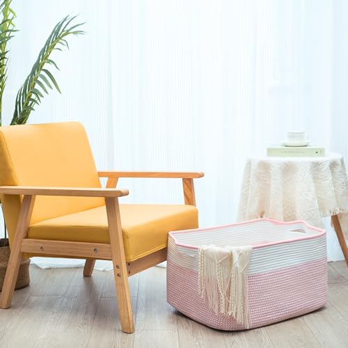 22in Extra Large Blanket Basket Holder Living Room, Rectangle Rope Woven Storage Basket with Handles for Laundry, Pool Towels, and Shoes, Dog Toy Organizer Bin Box, Light Pink - color: Light Pink