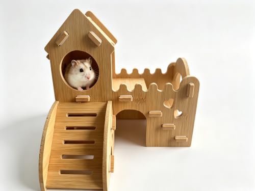 Wooden Hamster Hideout,House and Habitat with Climbing Ladder(Castle) | Hamster Hideout Cage Accessories,Very sturdy and bite-resistant for Mouse Mice Rat Other Small Animals - color: Bamboo