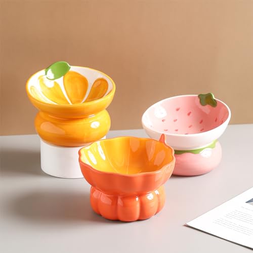 Cute Pumpkin Shaped Raised Ceramic Cat Water Bowl, 9 oz | Whisker Friendly, Anti Vomiting, Elevated Design, Indoor Cats - color: Orange