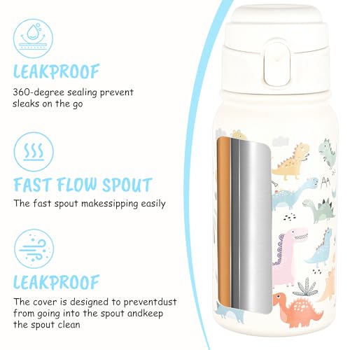 GOPPUS Kids Insulated Water Bottle 12oz, Leakproof Stainless Steel Thermos, BPA Free Double Wall Vacuum Insulated Bottle for School, Travel, Sports & Outdoor Activities, Boys Girls - color: White dinosaur