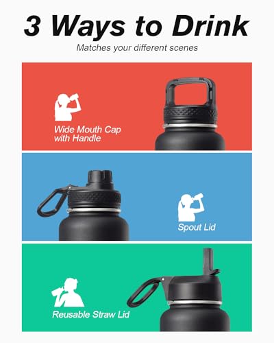Coolflask 40 oz Water Bottle Insulated with Straw & 3 Leakproof Lids | Water Flask Stainless Steel Triple-Wall Vacuum,Cold 48+h,Dishwasher Safe,Wide Mouth, BPA-Free,Carrier Bag,for Gym,Hiking - color: Magic Black, size: 40 Ounces