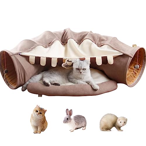 EAEDMY Cat Rabbit Tunnel Bed Nest for Cats Indoor, with Collapsible Washable Soft Cushion, Plush Ball and Exercise Wheel Tube, Fit for Puppy Bunny Kitty Kitten Ferret(2.Coffee) - color: 2.Coffee