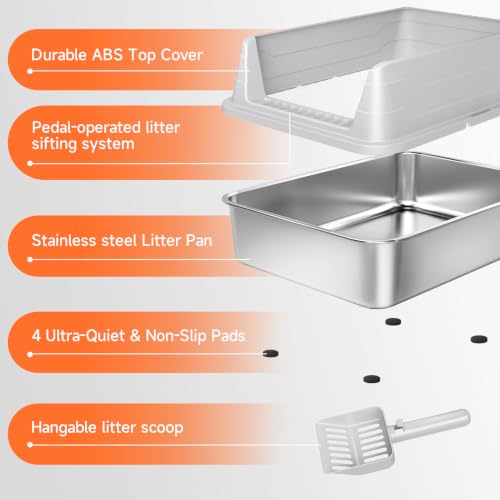 Stainless Steel Cat Litter Box for Small Cats, Odor Free Metal Litter Box | High Sides Lid Open Top Low Entry Litter Pan Easy Cleaning Kitty Cat Box Anti-Urine Leakage Non-Sticky Include Scoop - color: Light Grey S