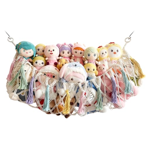 Bohemian Stuffed Animal Hammock, 51" Large Toy Storage Net for Plush Toys, Kids Room & Nursery Wall Hanging Organizer, Macrame Corner Storage, Baby Girl Room Decor Gift.