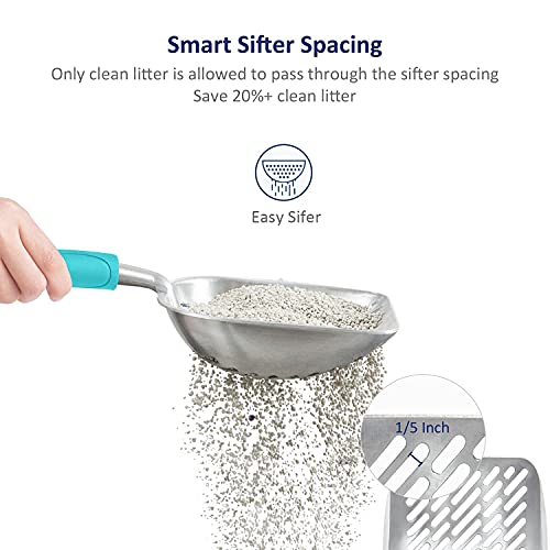 Cat Litter Scoop, Aluminum Alloy Sifter, Kitty Metal Scooper, Deep Shovel with Diagonal Sifting Hole, Long Handle, Kitten Poop Lifter for Litter Box, Medium Size, Turkish Blue Handle - color: #02 Turkish Blue, size: Medium