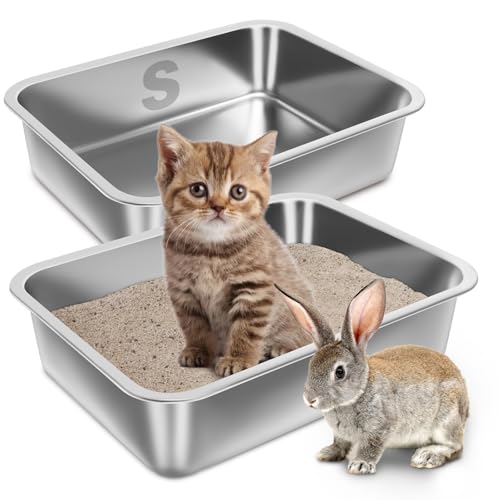 Stainless Steel Litter Box for Kitten, Small Litter Box 2 Pack | 15.7"×11.8"×4",Easy Entry, Non Odor, Easy to Clean, Metal Litterbox for Cat, Rabbit - size: 2 Pack-Small (15.7"×11.8"×4")