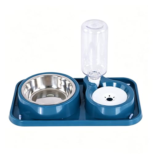 J&L VVMEET Non-Slip Dog Cat Food and Water Bowls Set with Water Dispenser | Dog Bowls Detachable Stainless Steel Bowl Gravity Pet Feeder and Waterer Set Automatic Water Refill for Cat Dog Puppy Rabbit - color: Blue, size: Water Capacity: 500ML