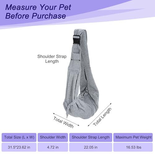 Dog and Cat Sling Carrier Up to 16.5 Lbs, Hand-Free Reversible Pet Sling Carrier with Adjustable Strap and Pocket, (Grey, 1 Pcs) Intended for Hiking/Camping/Traveling - color: Grey