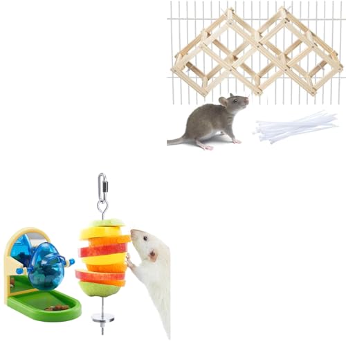 Jevnd 3-in-1 Rat Enrichment Bundle - Wooden Climbing Ladder & Foraging Toy Set - Includes 1 Natural Chew Ladder and 2 Stainless Steel Puzzle Feeders for Rats, Mice & Small Birds