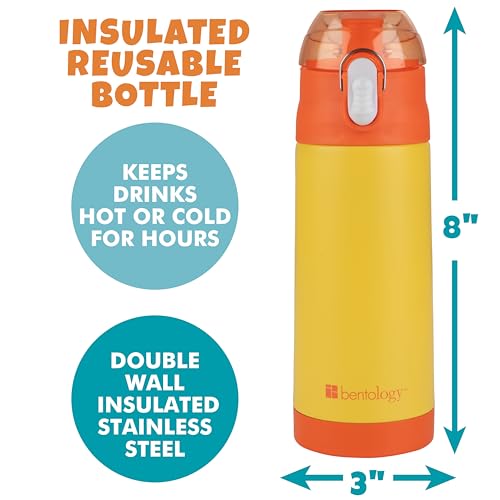 Bentology Stainless Steel 13 Oz Reusable Water Bottle for Kids, Yellow | Double Wall Insulated, Spill Proof Lid W/Built-in Straw- Keep Liquids Hot or Cold- Easily Fits in Lunch Boxes & Bags - color: Yellow