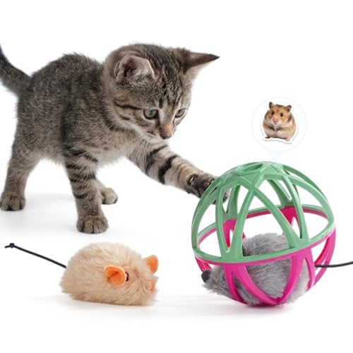 Cat Toys for Indoor Cats - Interactive Ball Cage Cat Toy with Realistic Mice Sounds & 2 Catnip Plush Toys, Motion-Activated Hunting Simulation Toy for Cats - color: Gray