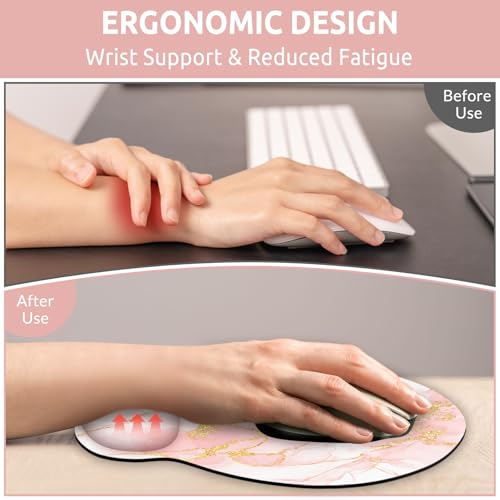 KONVINIT Ergonomic Mouse Pad with Wrist Rest, Small Mousepad with Non-Slip Rubber Base and Smooth Surface, Pink Mouse Pads for Desk, Office Desk Accessories - color: Pink Marble