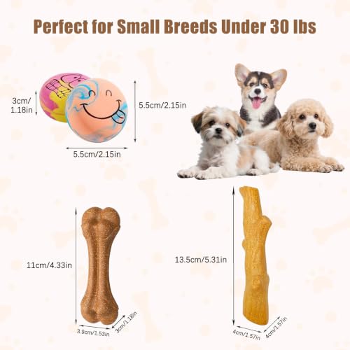 SCHITEC 3 Pack Puppy Teething Chew Toy Gift Set for Small Breeds | Dog chew bone & branch for teething puppies; natural latex squeaky ball; storage bag; ideal for small dogs.