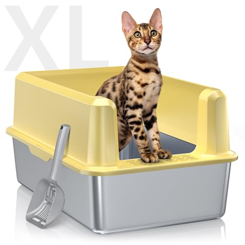 Stainless Steel Cat Litter Box, XL High Sided Open Top Litter Pan, 1 Scoop | Extra Large Litter Box for Big Cats, High Sides, Anti-Urine Leakage, Non-Stick, Odor-Free, Easy Clean, Reduce Litter Tracking - color: 21 - Yellow (Pack of 1)