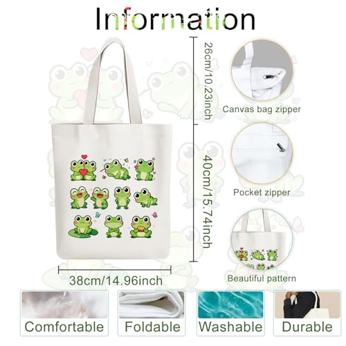 ANATTASOUL Canvas Tote Bag Reusable Cotton Bag for Women, Large 14.96"x 15.74" Cloth Shoulder Bags with Zipper Pockets - style: Frog