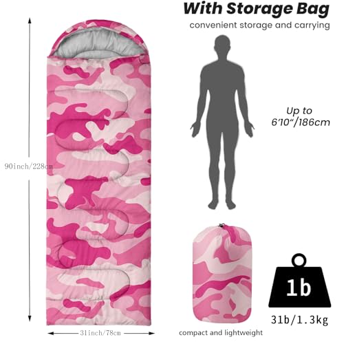 Sleeping Bags for Adults and Kids Backpacking Camping Sleeping Bags for Girls and Boys Lightweight Waterproof Cold/Warm Sleeping Bag for All Season - color: Pink Camo