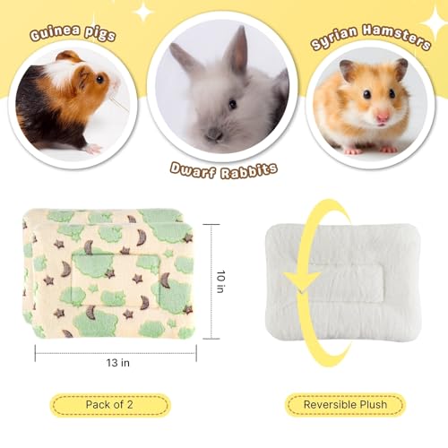 2 Pcs Bunny Bed, Washable Rabbit Bed, Double-Sided Fleece Sleeping Pad for Guinea Pig, Dwarf Rabbit, Chinchilla, Ferret, Hamster, Warm Small Animal Cage Mat, 13x10in, Yellow Star & Moon - color: Yellow Star & Moon