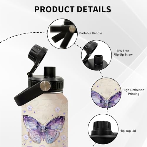 Purple Butterfly 32oz Water Bottle, Leak-proof Bottle, Insulated Cup - color: Butterfly2