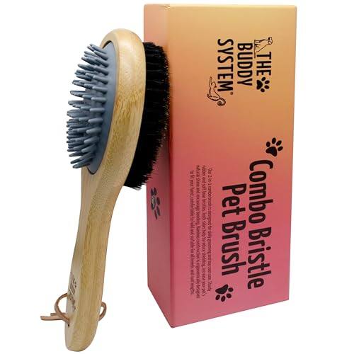 The Buddy System - Combo Bristle Pet Brush, 2-in-1 Brush | Dog & Cat grooming brush with 2 sides for dual capabilities.Durable rubber to losen hair and boar bristle to increase shine.