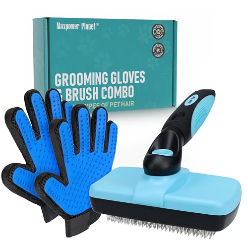 Maxpower Planet Pet Grooming Brush, Shedding Undercoat Rake, Dogs | Blue, Double-Sided Deshedding & Detangling, Rubber Non-Slip Handle, For Cats, Gloves Included - color: C1 - Brush & Gloves, size: Large