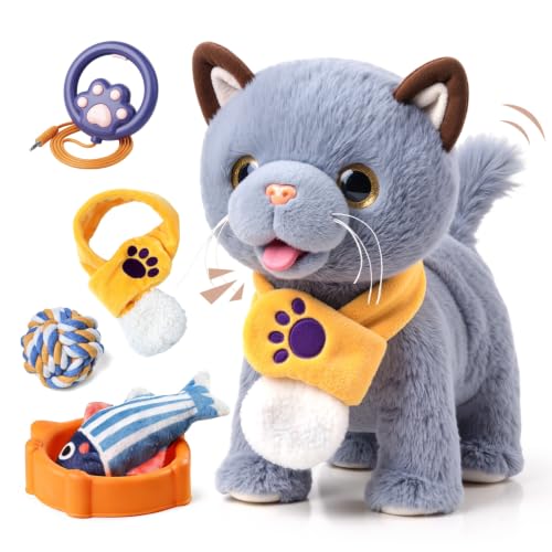 TUMAMA Walking Cat Set, Cat Toys for Kids Age 2 3 4 5+ Years | Wag Tail, Meows, Pretend Dress Up,Sing, Realistic Stuffed Cat