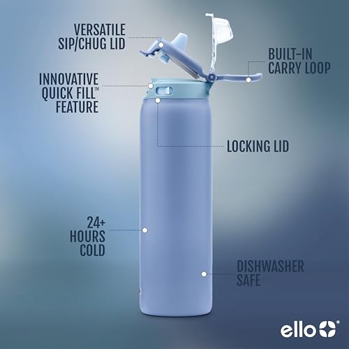 Ello Pop & Fill Insulated Stainless Steel Water Bottle with Quick Fill Lid, Leakproof Locking, Sip or Chug Spout, BPA-Free, Double Wall Vacuum Insulated for Sports, Travel & School- 22oz / 32oz / 40oz - color: Raincloud, style: 32oz