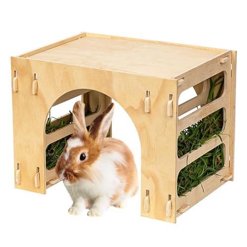 Kathson Large Rabbit Hideout with Hay Feeder Natural Wooden Guinea Pig House Detachable Rabbit Hutch Indoor Bunny Castle for Chinchilla Guinea Pigs Bunnies and Other Small Animals