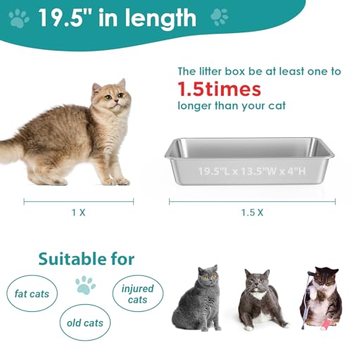 Stainless Steel Cat Litter Box,Large Metal Litter Box,19.5" Lx13.5 Wx4 H | Never Absorbs Odors,Stain Free, Rustproof, Non Stick Smooth Surface, Anti-Slip Rubber Bottom - color: 4" H, size: 19.5"L x 13.5"W