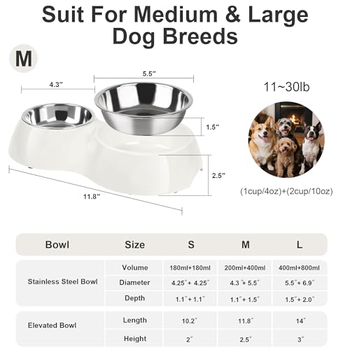 Double Dog Bowls Set – Non-Slip Pet Food & Water Dishes with Resin Stand, Includes Small (1 Cup) & Medium (2 Cups) Bowls – Ideal for Puppies and Cats – White - color: White, size: Medium
