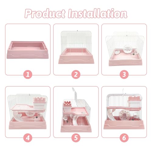 PINVNBY 2-Tier Dwarf Hamster Cage, Travel Portable Guinea Pig Cages Rat Cage and Habitats Small Animal Carrier with Castle House Running Exercise Wheels, Water Bottle and Food Dish (Pink - color: Pink, size: M: 11.7x8.7x9.8in