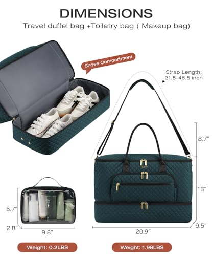 Travel Duffle Bag, Wide Open Large Weekender Bag for Women with Shoe Compartment, Carry on Overnight Bags with Toiletry Bag, Hospital Bag for Women Labor Delivery with Wet Pocket (Dark Green) - color: Dark Green-Black, size: 45L