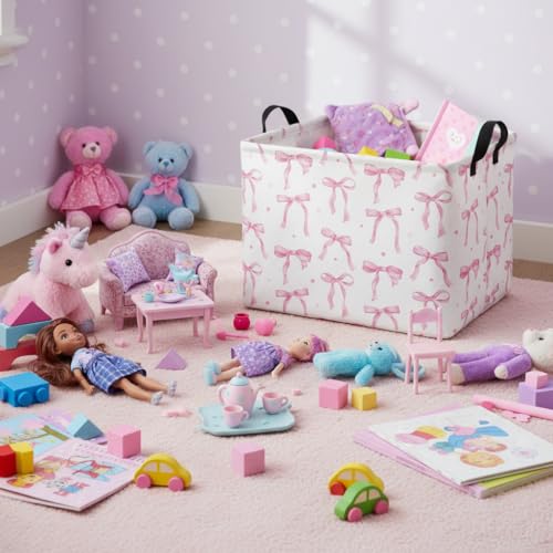 Rectangular Baby Kids Storage Basket for Home Kitchen Girls Cute Toy Storage Bin Organizer Shelf Book Room Decor(Dot Bowknot) - color: Dot Bowknot