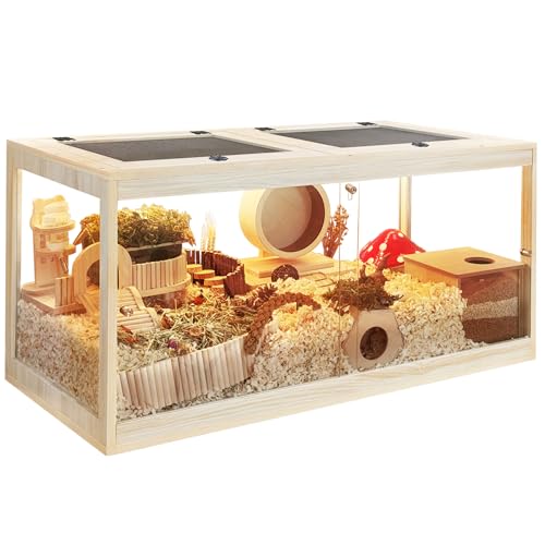 Prolee Hamster Habitat Chewproof,Wooden Hamster Cage with Openable Metal Mesh Top,Gerbil Cage with Lock Design for Hamster House (32"x16"x16")