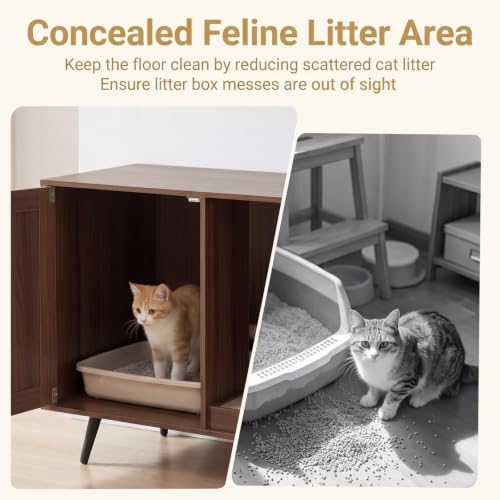 PETSITE Cat Litter Box Enclosure Furniture for 2 Cats, Large Litter Box Cabinet with Scratching Board, and Adjustable Foot Pads, Indoor Cat House TV Stand Side Table, Double Hidden Litter Box - color: Coffee