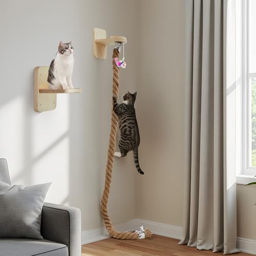Weysat 2" x 4.92 ft Cat Climbing Rope with 2 Jumping Platform Wall Mounted Thick Jute Cat Scratching Post Furniture Wall Climbing System for Kittens & Large Cats(Wood,with Toys) - color: Wood, style: with Toys