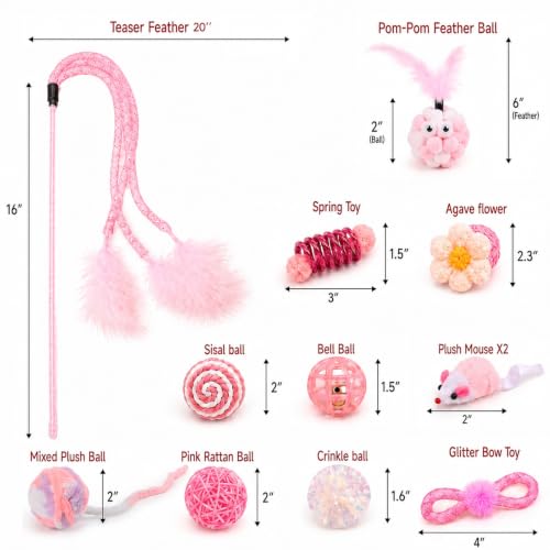 12-Pcs Interactive Cat Toys, Feather Wand, Springs & Catnip Balls | Curated variety pack, diverse mice, crinkle textures, healthy teething chew relief, indoor kitten boredom enrichment