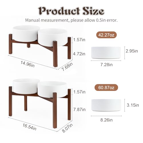 SPUNKYJUNKY Raised Ceramic Dog Bowls Set with Non-Slip Acacia Wood Stand for Large Sized Dog(60.87 OZ, White) - color: White, size: 60.87 Oz
