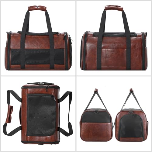 Fashion Dog Carrier Pet Carrier Airline Approved Cat Carrier for Small Dogs Cats Under 15 Lbs, Vegan Leather Collapsible Soft Sided Travel Puppy Carrier - color: Saddle Brown