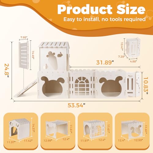 Extra Large Rabbit House, Wooden Bunny Castles with 4 Houses and Hay Feeder, Indoor Guinea Pig Castles Multistory Climbing Tower, Sturdy Wooden Bunny Cage Indoor, Small Animal Pet Rabbit Habitat - size: 4 Houses with Feeder