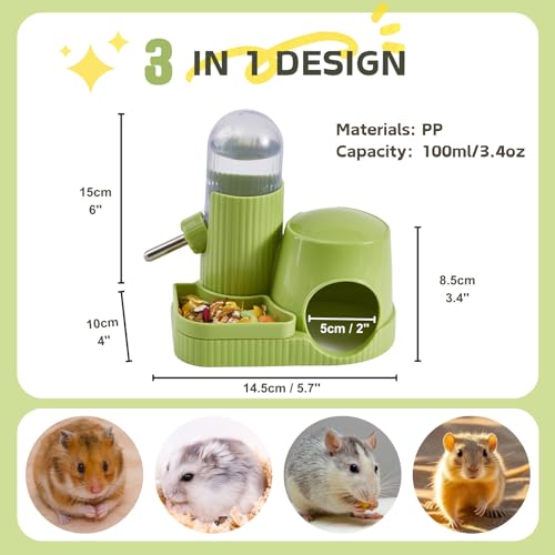 3 in 1 Hamster Water Bottle No Drip Automatic Leakproof Dispenser with Food Container and Hideout Base for Gerbil Rat Dwarf Hamster Mouse (Green, 3.4oz) - color: Green