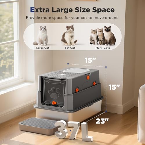 FURTIME Stainless Steel Litter Box with Lid, Enclosed Metal Cat Litter Box | XL Extra Large, Cat Box with High Sided Enclosure & Scoop, Big Cats, Front & Top Entry, Odor Free, Anti-Leakage, Grey - color: Grey, size: X-large