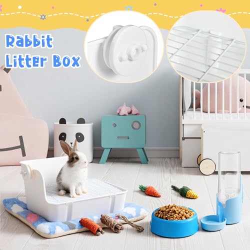 20 Pcs Rabbit Starter Kit Small Bunny Litter Box Animal Grooming Kit with Hanging Pet Bowls Water Bottle Bunny Toys Flannel Blankets with Cleaning Set for Guinea Pig Rabbit Accessories(Blue) - color: Blue