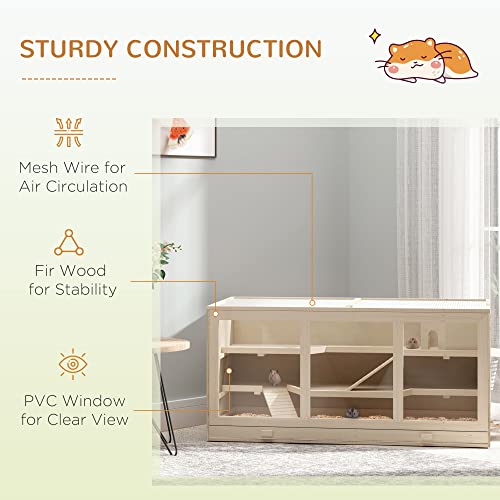 PawHut 45" Extra Large Wooden Hamster Cage, 3-Layer Rat Cage with Opening Roof, PVC Window, Small Animal Habitat for Gerbil, Dwarf & Syrian Hamsters, Natural | Rat Cage, PVC Window, Small Animal Habitat, for Gerbil, for Dwarf & Syrian Hamsters - color: Na